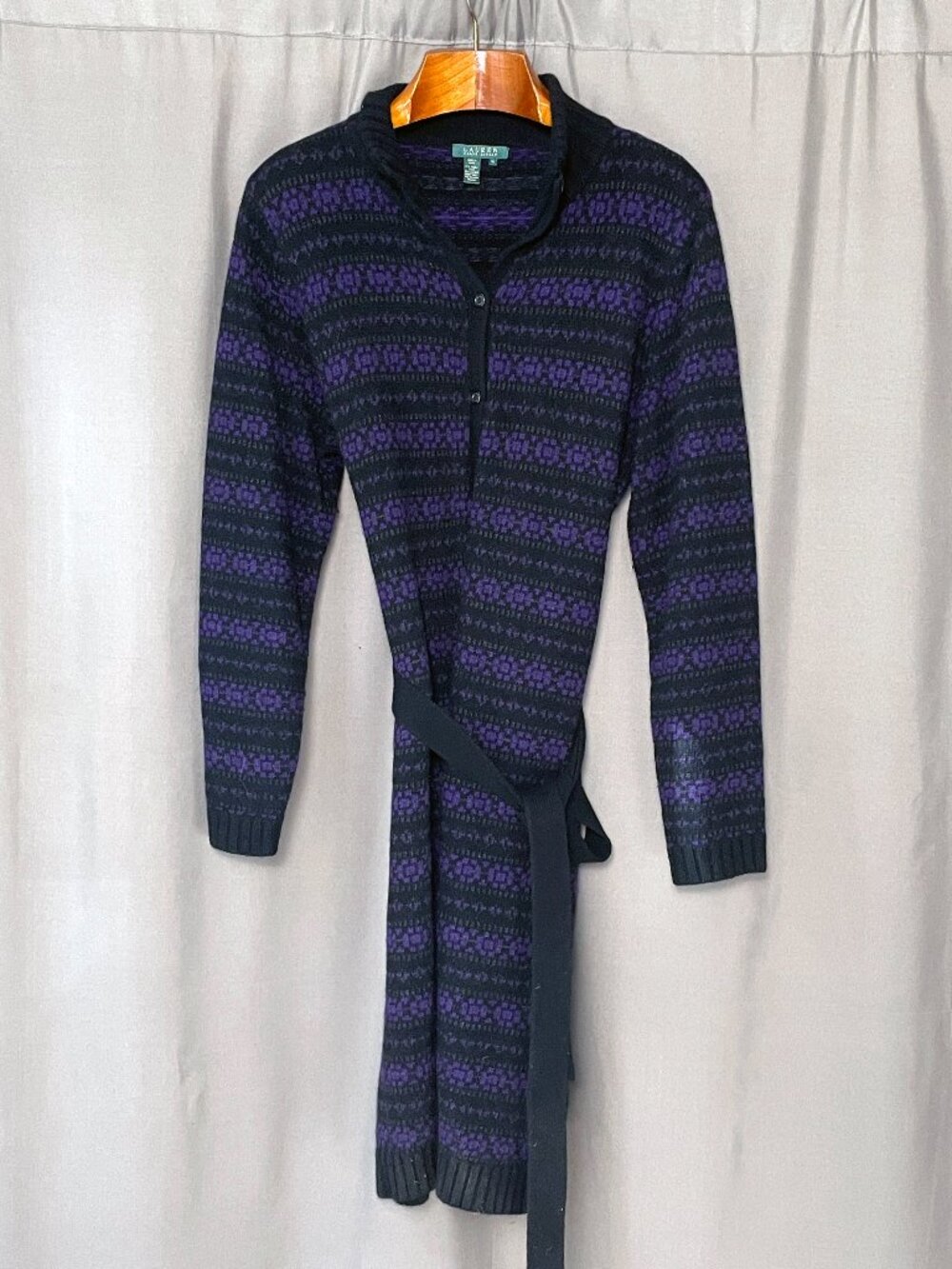 Lauren Ralph Lauren Wool Angora Fair Isle Belted Sweater Dress XL Purple Black